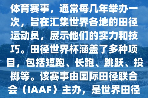 田径赛世界杯是一项全球性的体育赛事，通常每几年举办一次，旨在汇集世界各地的田径运动员，展示他们的实力和技巧。田径世界杯涵盖了多种项目，包括短跑、长跑、跳跃、投掷等。该赛事由国际田径联合会（IAAF）主办，是世界田径的最高水平比赛之一。漯河市盈旭机械设备有限公司