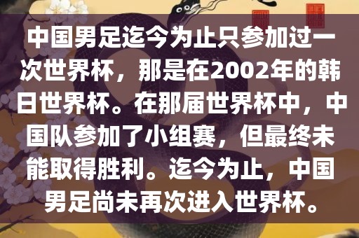 中国男足迄今为止只参加过一次世界杯，那是在2002年的韩日世界杯。在那届世界杯中，中国队参加了小组赛，但最终未能取得胜利。迄今为止，中国男足尚未再次进入世界杯。