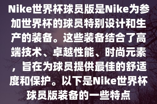 Nike世界杯球员版是Nike为参加世界杯的球员特别设计和生产的装备。这些装备结合了高端技术、卓越性能、时尚元素，旨在为球员提供最佳的舒适度和保护。以下是Nike世界杯球员版装备的一些特点