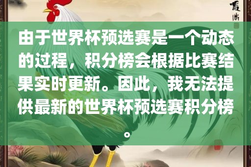由于世界杯预选赛是一个动态的过程，积分榜会根据比赛结果实时更新。因此，我无法提供最新的世界杯预选赛积分榜。