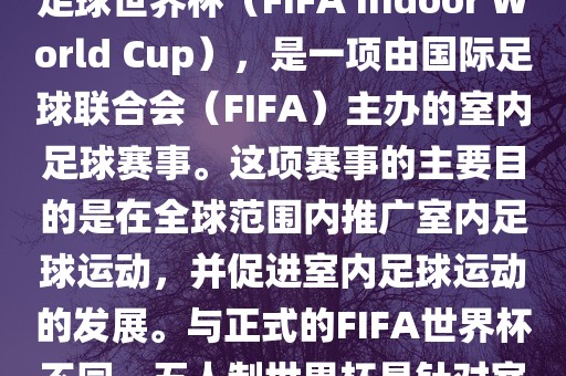 五人制世界杯，也被称为室内足球世界杯（FIFA Indoor World Cup），是一项由国际足球联合会（FIFA）主办的室内足球赛事。这项赛事的主要目的是在全球范围内推广室内足球运动，并促进室内足球运动的发展。与正式的FIFA世界杯不同，五人制世界杯是针对室内足球的比赛。