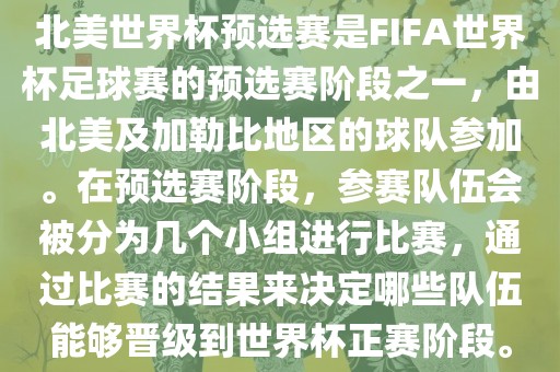 北美世界杯预选赛是FIFA世界杯足球赛的预选赛阶段之一，由北美及加勒比地区的球队参加。在预选赛阶段，参赛队伍会被分为几个小组进行比赛，通过比赛的结果来决定哪些队伍能够晋级到世界杯正赛阶段。