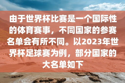 由于世界杯比赛是一个国际性的体育赛事，不同国家的参赛名单会有所不同。以2023年世界杯足球赛为例，部分国家的大名单如下漯河市盈旭机械设备有限公司