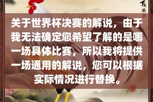 关于世界杯决赛的解说，由于我无法确定您希望了解的是哪一场具体比赛，所以我将提供一场通用的解说，您可以根据实际情况进行替换。漯河市盈旭机械设备有限公司