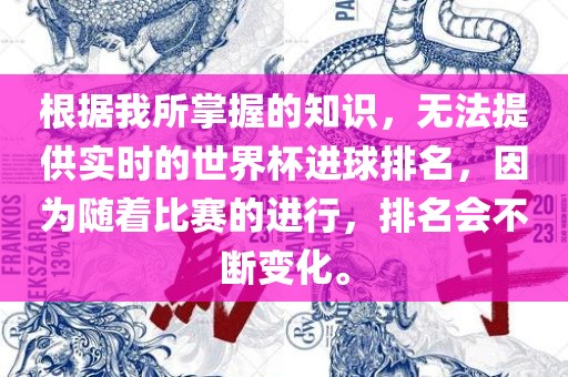 根据我所掌握的知识，无法提供实时的世界杯进球排名，因为随着比赛的进行，排名会不断变化。