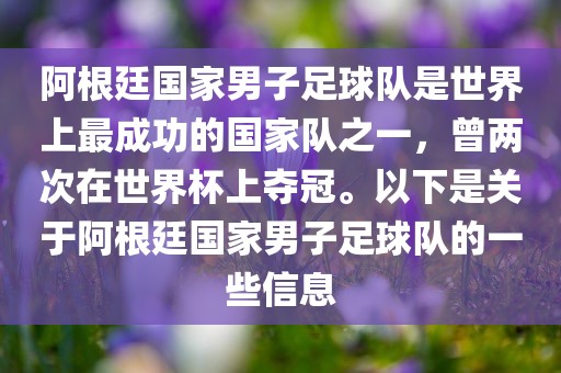 阿根廷国家男子足球队是世界上最成功的国家队之一，曾两次在世界杯上夺冠。以下是关于阿根廷国家男子足球队的一些信息