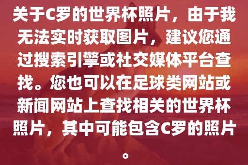 关于C罗的世界杯照片，由于我无法实时获取图片，建议您通过搜索引擎或社交媒体平台查找。您也可以在足球类网站或新闻网站上查找相关的世界杯照片，其中可能包含C罗的照片。