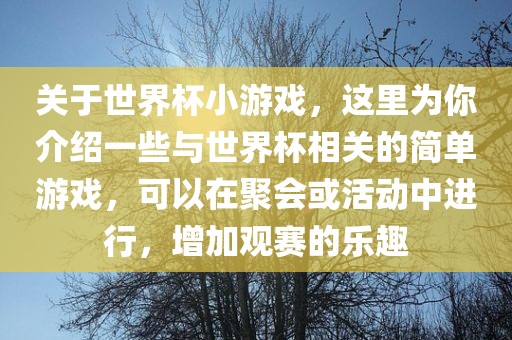 关于世界杯小游戏，这里为你介绍一些与世界杯相关的简单游戏，可以在聚会或活动中进行，增加观赛的乐趣
