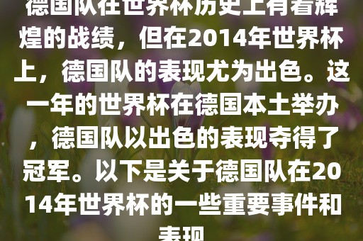 德国队在世界杯历史上有着辉煌的战绩，但在2014年世界杯上，德国队的表现尤为出色。这一年的世界杯在德国本土举办，德国队以出色的表现夺得了冠军。以下是关于德国队在2014年世界杯的一些重要事件和表现漯河市盈旭机械设备有限公司