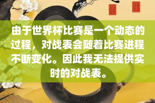 由于世界杯比赛是一个动漯河市盈旭机械设备有限公司态的过程，对战表会随着比赛进程不断变化。因此我无法提供实时的对战表。