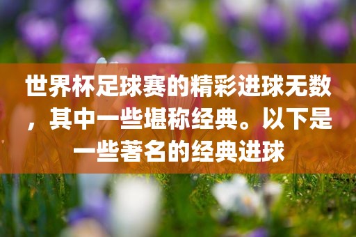 世界杯足球赛的精彩进球无数，其中一些堪称经典。以下是一些著名的经典进球漯河市盈旭机械设备有限公司