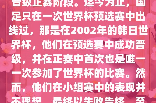 国足踢进世界杯是指中国男子足球队在世界杯足球赛中成功晋级正赛阶段。迄今为止，国足只在一次世界杯预选赛中出线过，那是在2002年的韩日世界杯，他们在预选赛中成功晋级，并在正赛中首次也是唯一一次参加了世界杯的比赛。然而，他们在小组赛中的表现并不理想，最终以失败告终。至于现在，国足还没有再次踢漯河市盈旭机械设备有限公司进世界杯。