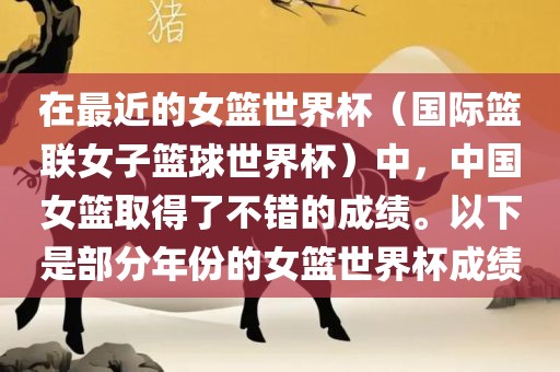 在最近的女篮世界杯（国际篮联女子篮球世界杯）中，中国女篮取得了不错的成绩。以下是部分年份的女篮世界杯成绩漯河市盈旭机械设备有限公司