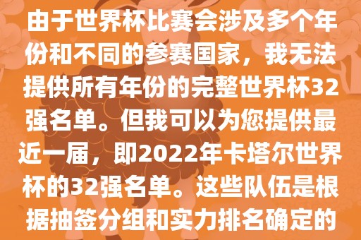 由于世界杯比赛会涉及多个年份和不同的参赛国家，我无法提供所有年份的完整世界杯32强名单。但我可以为您提供最近一届，即2022年卡塔尔世界杯的32强名单。这些队伍是根据抽签分组和实力排名确定的漯河市盈旭机械设备有限公司