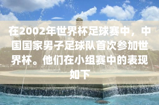 在2002年世界杯足球赛中，中国国家男子足球队首次参加世界杯。他们在小组赛中的表现如下