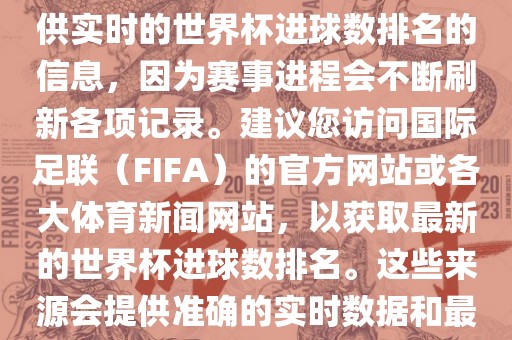 根据我所掌握的知识，无法提供实时的世界杯进球数排名的信息，因为赛事进程会不断刷新各项记录。建议您访问国际足联（FIFA）的官方网站或各大体育新闻网站，以获取最新的世界杯进球数排名。这些来源会提供准确的实时数据和最新的比赛信息。