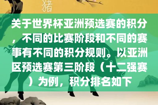 关于世界杯亚洲漯河市盈旭机械设备有限公司预选赛的积分，不同的比赛阶段和不同的赛事有不同的积分规则。以亚洲区预选赛第三阶段（十二强赛）为例，积分排名如下