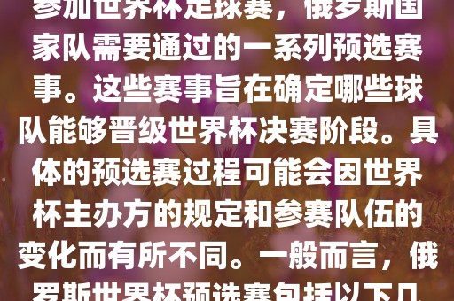 俄罗斯世界杯预选赛是指为了参加世界杯足球赛，俄罗斯国家队需要通过的一系列预选赛事。这些赛事旨在确定哪些球队能够晋级世界杯决赛阶段。具体的预选赛过程可能会因世界杯主办方的规定和参赛队伍的变化而有所不同。一般而言，俄罗斯世界杯预选赛包括以下几个阶段