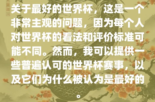关于最好的世界杯，这是一个非常主观的问题，因为每个人对世界杯的看法和评价标准可能不同。然而，我可以提供一些普遍认可的世界杯赛事，以及它们为什么被认为是最好的。