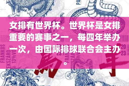 女排有世界杯。世界杯是女排重要的赛事之一，每四年举办一次，由国际排球联合会主办。漯河市盈旭机械设备有限公司