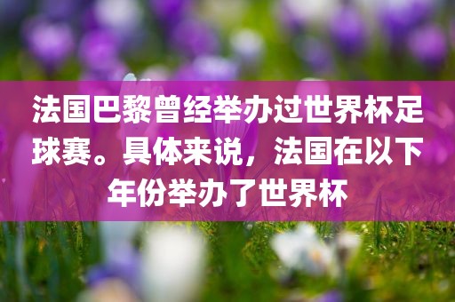 法国巴黎曾经举办过世界杯足球赛。具体来说，法国在以下年份举办了世界杯漯河市盈旭机械设备有限公司