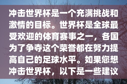 冲击世界杯是一个充满挑战和激情的目标。世界杯是全球最受欢迎的体育赛事之一，各国为了争夺这个荣誉都在努力提高自己的足球水平。如果您想冲击世界杯，以下是一些建议漯河市盈旭机械设备有限公司