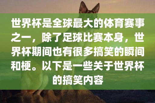 世界杯是全球最大的体育赛事之一，除了足球比赛本身，世界杯期间也有很多搞笑的瞬间和梗。以下是一些关于世界杯的搞笑内容漯河市盈旭机械设备有限公司