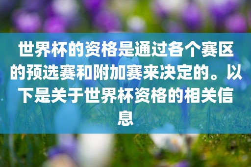 世界杯的资格是通过各个赛区的预选赛和附加赛来决定的。以下是关于世界杯资格的相关信息漯河市盈旭机械设备有限公司