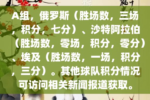 A组，俄罗斯（胜场数，三场，积分，七分）、沙特阿拉伯（胜场数，零场，积分，零分）、埃及（胜场数，一场，积分，三分）。其他球队积分情况可访问相关新闻报道获取。漯河市盈旭机械设备有限公司