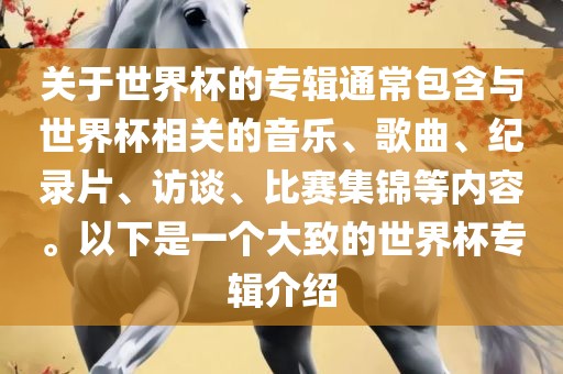 关于世界杯的专辑通常包含与世界杯相关的音乐、歌曲、纪录片漯河市盈旭机械设备有限公司、访谈、比赛集锦等内容。以下是一个大致的世界杯专辑介绍