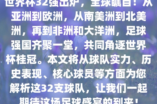 世界杯32强出炉，全球瞩目！从亚洲到欧洲，从南美洲到北美洲，再到非洲和大洋洲，足球强国齐聚一堂，共同角逐世界杯桂冠。本文将从球队实力、历史表现、核心球员等方面为您解析这32支球队，让我们一起期待这场足球盛宴的到来！漯河市盈旭机械设备有限公司