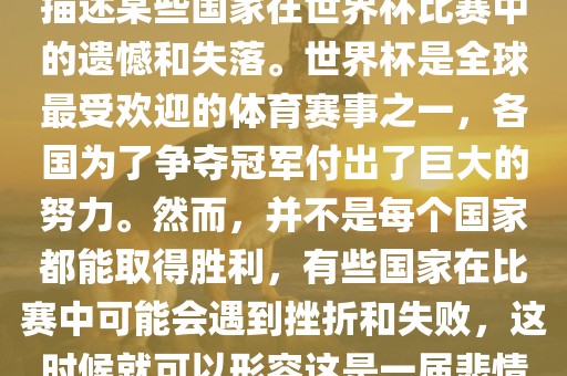 悲情世界杯这个说法可以用来描述某些国漯河市盈旭机械设备有限公司家在世界杯比赛中的遗憾和失落。世界杯是全球最受欢迎的体育赛事之一，各国为了争夺冠军付出了巨大的努力。然而，并不是每个国家都能取得胜利，有些国家在比赛中可能会遇到挫折和失败，这时候就可以形容这是一届悲情世界杯。