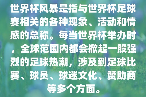 世界杯风暴是指与世界杯足球赛相关的各种现象、活动和情感的总称。每当世界杯举办时，全球范围内都会掀起一股强烈的足球热潮，涉及到足球比赛、球员、球迷文化、赞助商等多个方面。