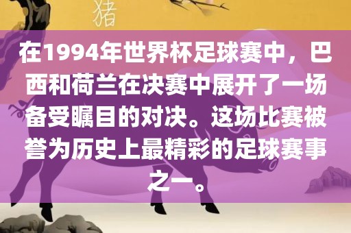 在1994年世界杯足球赛中，巴西和荷兰在决赛中展开了一场备受瞩目的对决。这场比赛被誉为历史上最精彩的足球赛事之一。漯河市盈旭机械设备有限公司