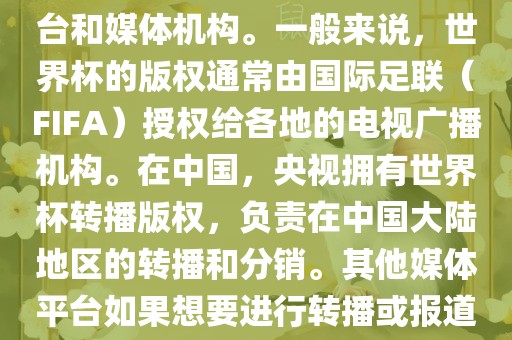 关于2018年世界杯的版权问题，涉及多个国家和地区的电视台和媒体机构。一般来说，世界杯的版权通常由国际足联（FIFA）授权给各地的电视广播机构。在中国，央视拥有世界杯转播版权，负责在中国大陆地区的转播和分销。其他媒体平台如果想要进行转播或报道，通常需要获得央视的授权或许可。