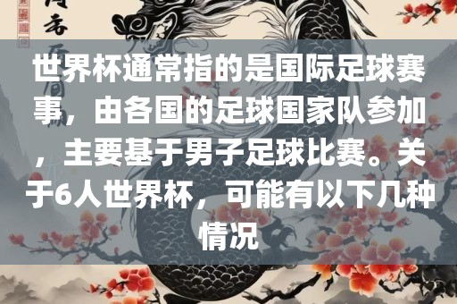 世界杯通常指的是国际足球赛事，由各国的足球国家队参加，主要基于男子足球比赛。关于6人世界杯，可能有以下几种情况