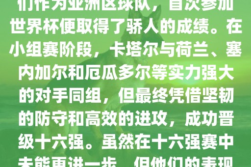 关于卡塔尔在2022年世界杯的表现，可以说是非常出色的。他们作为亚洲区球队，首次参加世界杯便取得了骄人的成绩。在小组赛阶段，卡塔尔与荷兰、塞内加尔和厄瓜多尔等实力强大的对手同组，但最终凭借坚韧的防守和高效的进攻，成功晋级十六强。虽然在十六强赛中未能更进一步，但他们的表现已经赢得了球迷和对手的尊重。漯河市盈旭机械设备有限公司