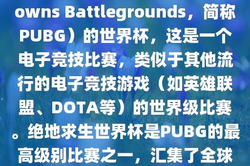 关于绝地求生（PlayerUnknowns Battlegrounds，简称PUBG）的世界杯，这是一个电子竞技比赛，类似于其他流行的电子竞技游戏（如英雄联盟、DOTA等）的世界级比赛。绝地求生世界杯是PUBG的最高级别比赛之一，汇集了全球最优秀的PUBG玩家和团队。