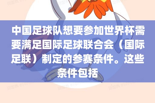 中国足球队想要参加世界杯需要满足国际足球联合会（国际足联漯河市盈旭机械设备有限公司）制定的参赛条件。这些条件包括