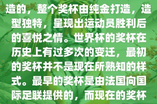 世界杯的杯来源于为了纪念雷米特，同时也是为了鼓励足球运动的发展，国际足联将这一荣誉奖杯命名为雷米特杯。其最初是由法国雕刻家设计并创造的，整个奖杯由纯金打造，造型独特，呈现出运动员胜利后的喜悦之情。世界杯的奖杯在历史上有过多次的变迁，最初的奖杯并不是现在所熟知的样式。最早的奖杯是由法国向国际足联提供的，而现在的奖杯是在多次设计之后最终确定的。因此，世界杯的杯来源于对足球运动的纪念和鼓励，同时也是经过多次设计和改进而成的。漯河市盈旭机械设备有限公司