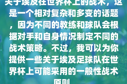 关于埃及在世界杯上的战术，这是一个相对复杂和多变的话题，因为不同的教练和球队会根据对手和自身情况制定不同的战术策略。不过，我可以为你提供一些关于埃及足球队在世界杯上可能采用的一般性战术原则。