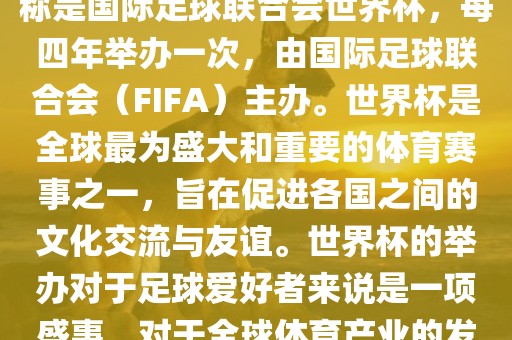 世界杯是一项国际足球赛事，全称是国际足球联合会世界杯，每四年举办一次，由国际漯河市盈旭机械设备有限公司足球联合会（FIFA）主办。世界杯是全球最为盛大和重要的体育赛事之一，旨在促进各国之间的文化交流与友谊。世界杯的举办对于足球爱好者来说是一项盛事，对于全球体育产业的发展也具有重要影响。