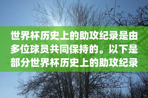 世界杯历史上的助攻纪录是由多位球员共同保持的。以下是部分世界杯历史上的助攻纪录漯河市盈旭机械设备有限公司