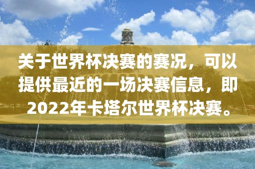关于世界杯决赛的赛况，可以提供最近的一场决赛信息，即2022年卡塔尔世界杯决赛。